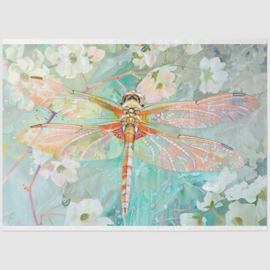 Koraal Groene Dragonfly  Bloemen Decoupage Tissuepapier (Voorkant)
