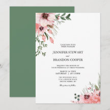 Koraal & Groene Waterverf Bloemen Huwelijksuitnodi