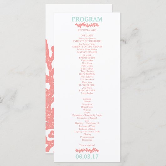 Koraal Hart Aqua Beach Trouwprogramma Programmakaart (Voorkant / Achterkant)