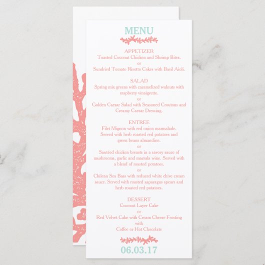 Koraal Hart Aqua Strand Bruiloft Menu (Voorkant / Achterkant)