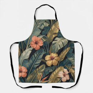 Koraal Hibiscus Banaanblad Tropisch Patroon Donker Schort