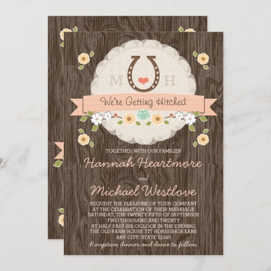 Koraal Hoefijzer Hart Westerne bruiloft Kaart (Voorkant / Achterkant)