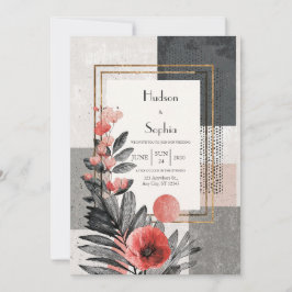 Koraal & houtskool Abstracte Bloemen Wedding Kaart