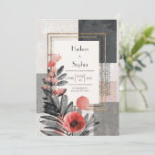 Koraal & houtskool Abstracte Bloemen Wedding Kaart (Staand voorkant)