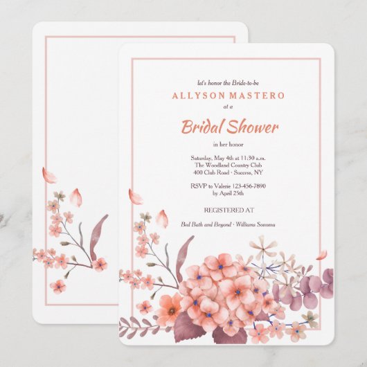 Koraal Hydrangea Uitnodiging (Voorkant / Achterkant)