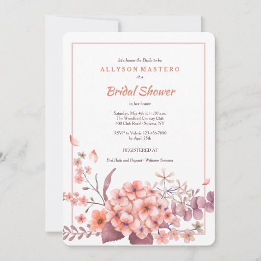 Koraal Hydrangea Uitnodiging (Voorkant)