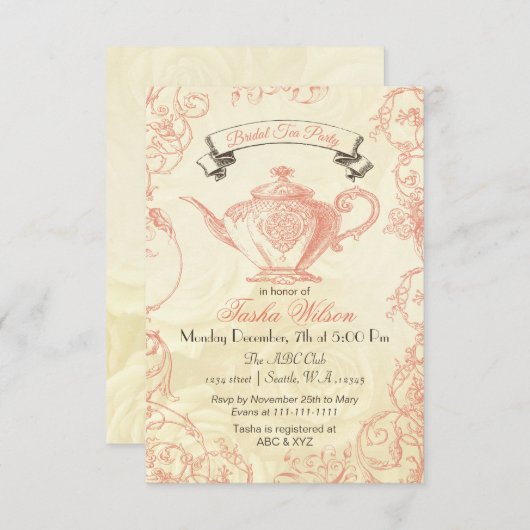 Koraal Ivory Rozen  Bridal Tea nodigt uit Kaart (Voorkant / Achterkant)