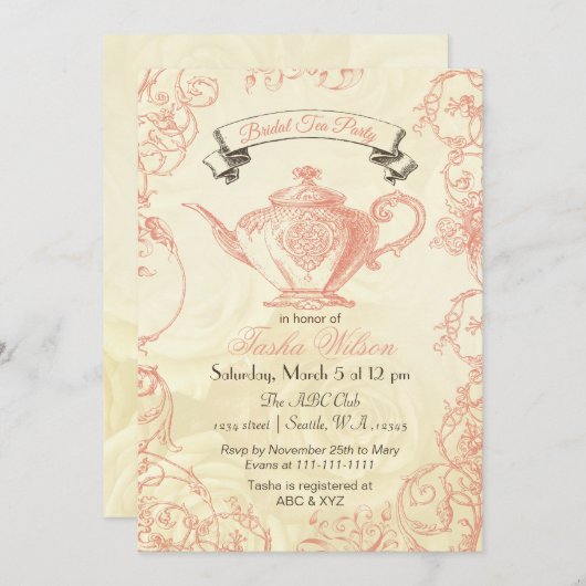 Koraal Ivory Rozen  Bridal Tea nodigt uit Kaart (Voorkant / Achterkant)