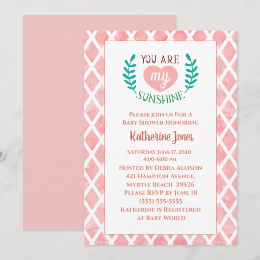 Koraal Je bent mijn Sunshine Baby shower Kaart (Voorkant / Achterkant)