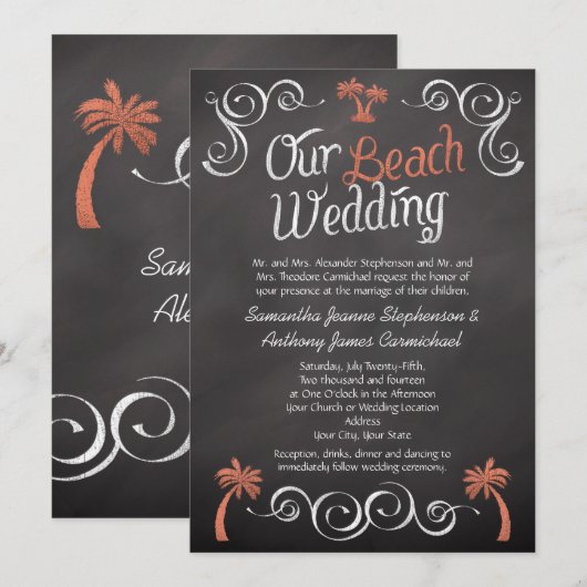 Koraal karton-kartonnen strand bruiloft kaart (Voorkant / Achterkant)