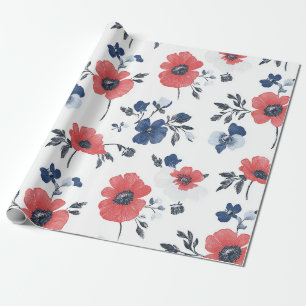 Koraal Klaproos Marineblauwe Bloemige Botanische Cadeaupapier