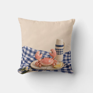Koraal Krab Blauw Geruit Zomer Picknick Kussen