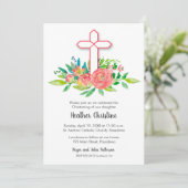 Koraal Kruis & Bloemen Doop Uitnodigingen (Staand voorkant)