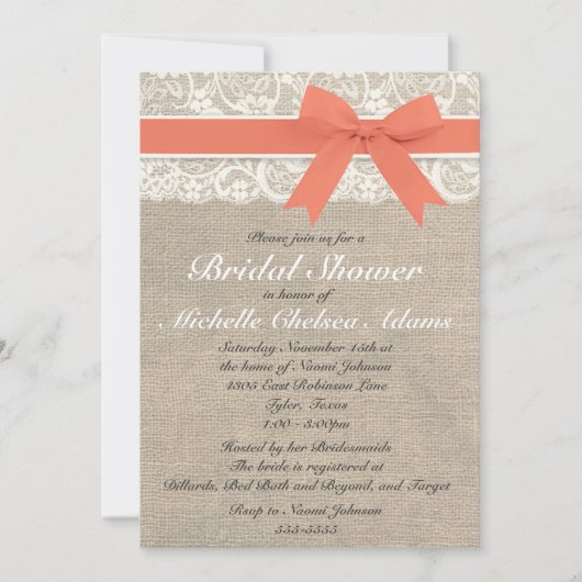 Koraal Lace Burlap Bridal Shower Kaart (Voorkant)