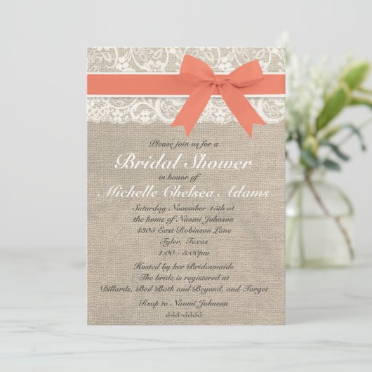 Koraal Lace Burlap Bridal Shower Kaart (Staand voorkant)