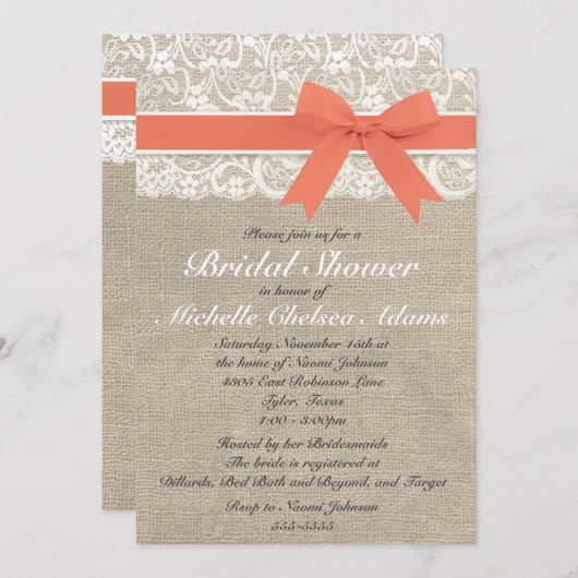 Koraal Lace Burlap Bridal Shower Kaart (Voorkant / Achterkant)