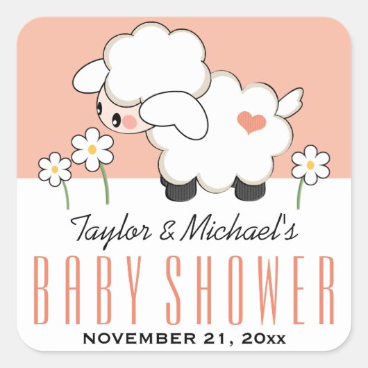 Koraal Lamb Baby shower Vierkante Sticker (Voorkant)
