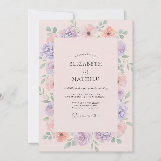 Koraal Lila Wilde Bloemen Bruiloft Kaart (Voorkant)