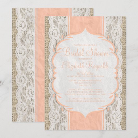 Koraal Linen Burlap Lace Bridal Shower Invitaties Kaart (Voorkant / Achterkant)