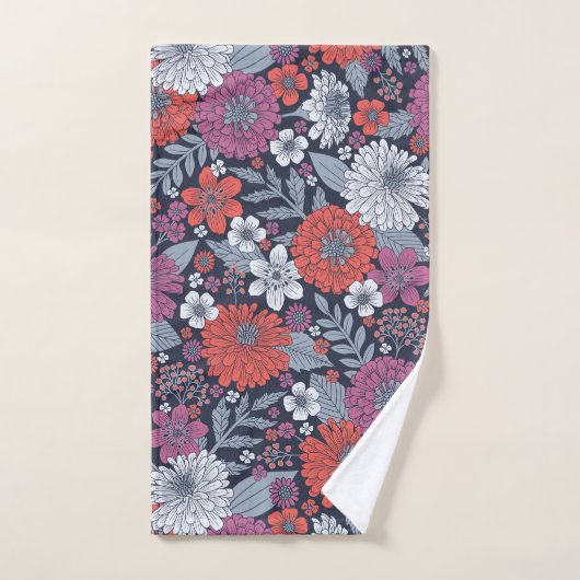 Koraal, magenta en blauwzink, Floral Bad Handdoek (Handdoek)