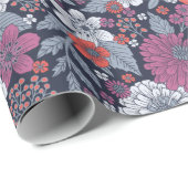 Koraal, magenta en blauwzink, Floral Cadeaupapier (Rol Hoek)