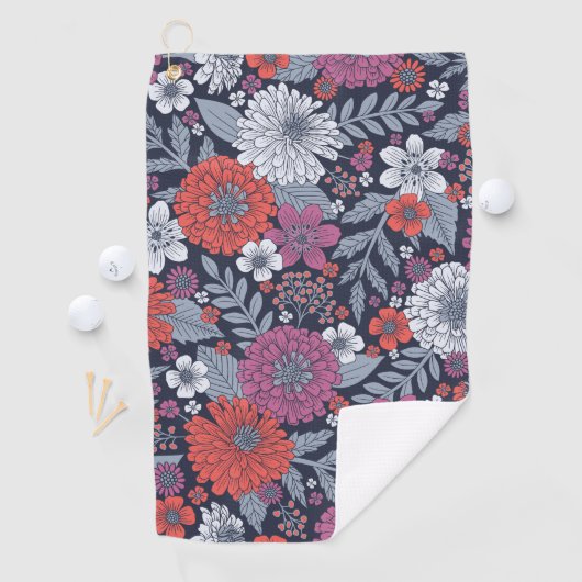 Koraal, magenta en blauwzink, Floral Golfhanddoek (Insitu)