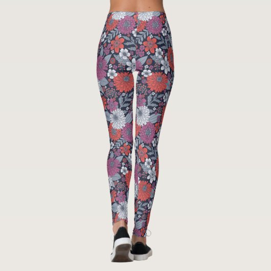 Koraal, magenta en blauwzink, Floral Leggings (Achterkant)