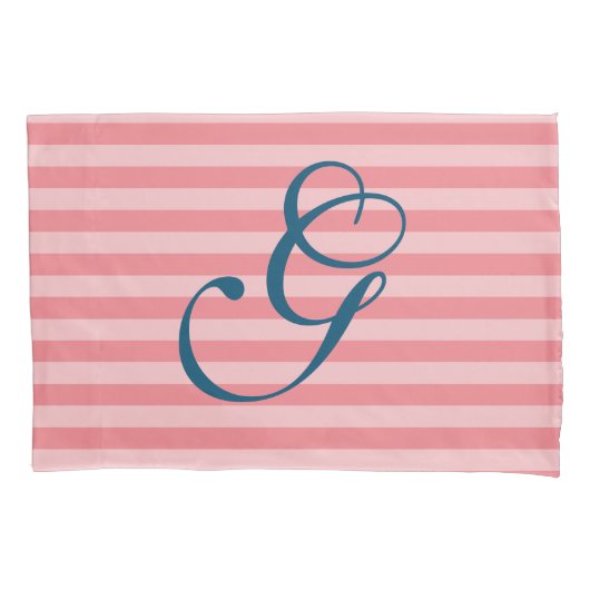 Koraal marine blauw gestreept monogram letter kuss kussensloop (Voorkant)