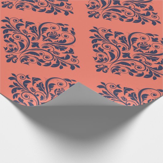 Koraal, marine en Silver  Damask Cadeaupapier (Hoek)