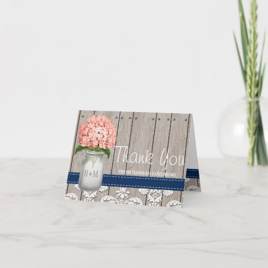 Koraal Marine Hydrangea Monogram Mason Jar BEDANKT (Voorkant)