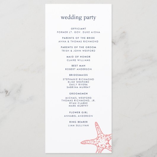 Koraal & Marine Starfish Wedding Ceremony Programm Programmakaart (Achterkant)
