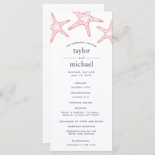 Koraal & Marine Starfish Wedding Ceremony Programm Programmakaart (Voorkant / Achterkant)