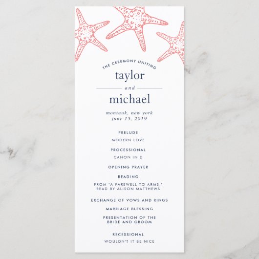 Koraal & Marine Starfish Wedding Ceremony Programm Programmakaart (Voorkant)