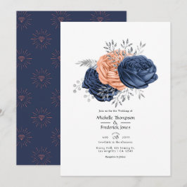Koraal, marineblauw en zilveren bloemhuwelijk kaart