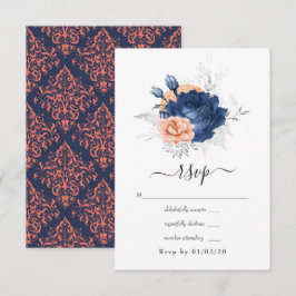 Koraal, marineblauw en zilveren bloemhuwelijk RSVP kaartje