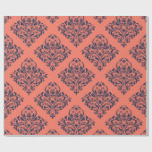 Koraal, marineblauw en zilveren vintage damast cadeaupapier (Vlak)