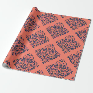 Koraal, marineblauw en zilveren vintage damast cadeaupapier