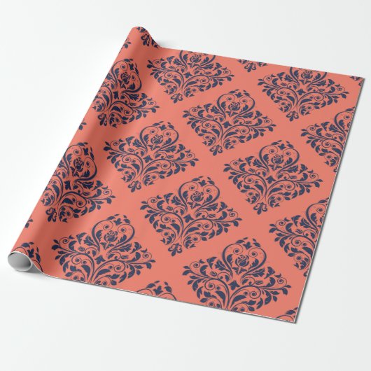 Koraal, marineblauw en zilveren vintage damast cadeaupapier (Uitgerold)
