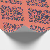 Koraal, marineblauw en zilveren vintage damast cadeaupapier (Hoek)