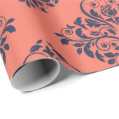 Koraal, marineblauw en zilveren vintage damast cadeaupapier (Rol Hoek)