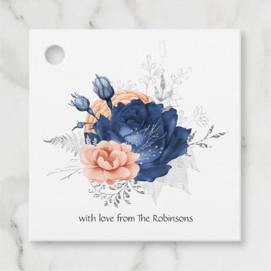 Koraal, marineblauwe en zilveren bloemige bruiloft bedankjes labels (Voorkant)