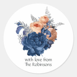 Koraal, marineblauwe en zilveren bloemige bruiloft ronde sticker