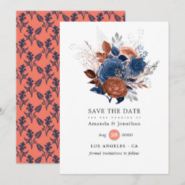 Koraal, marineblauwe en zilveren bloemige trouw save the date
