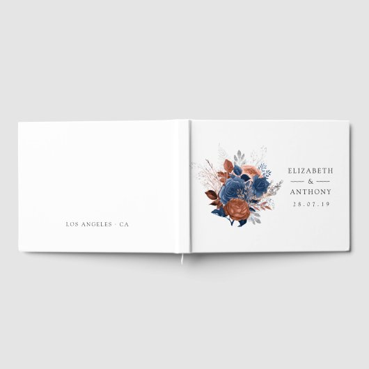 Koraal, marineblauwe en zilveren bloemige trouwfee gastenboek (Volledig)