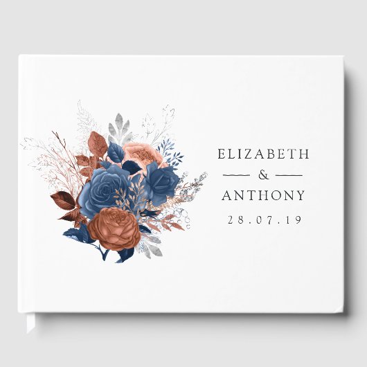 Koraal, marineblauwe en zilveren bloemige trouwfee gastenboek (Voorkant)