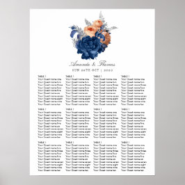 Koraal, marineblauwe en zilveren bloemige trouwsto poster