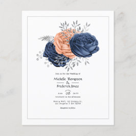 Koraal, marineblauwe en zilveren bloemige trouwuit flyer
