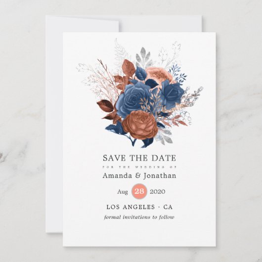 Koraal, marineslag en zilver save the date (Voorkant)