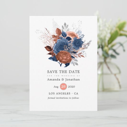 Koraal, marineslag en zilver save the date (Staand voorkant)