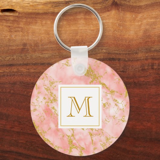 Koraal Marmer Goud Glitter Elegant Goud Monogram Sleutelhanger (Voorkant)